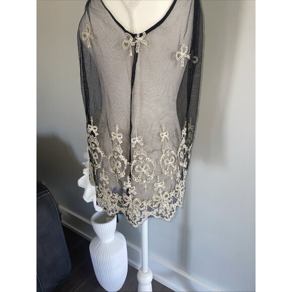 MONTEAU Top Womens SIze MediumBlack Sheer Embroidered Sleeveless Coverup Vintage - Picture 3 of 7